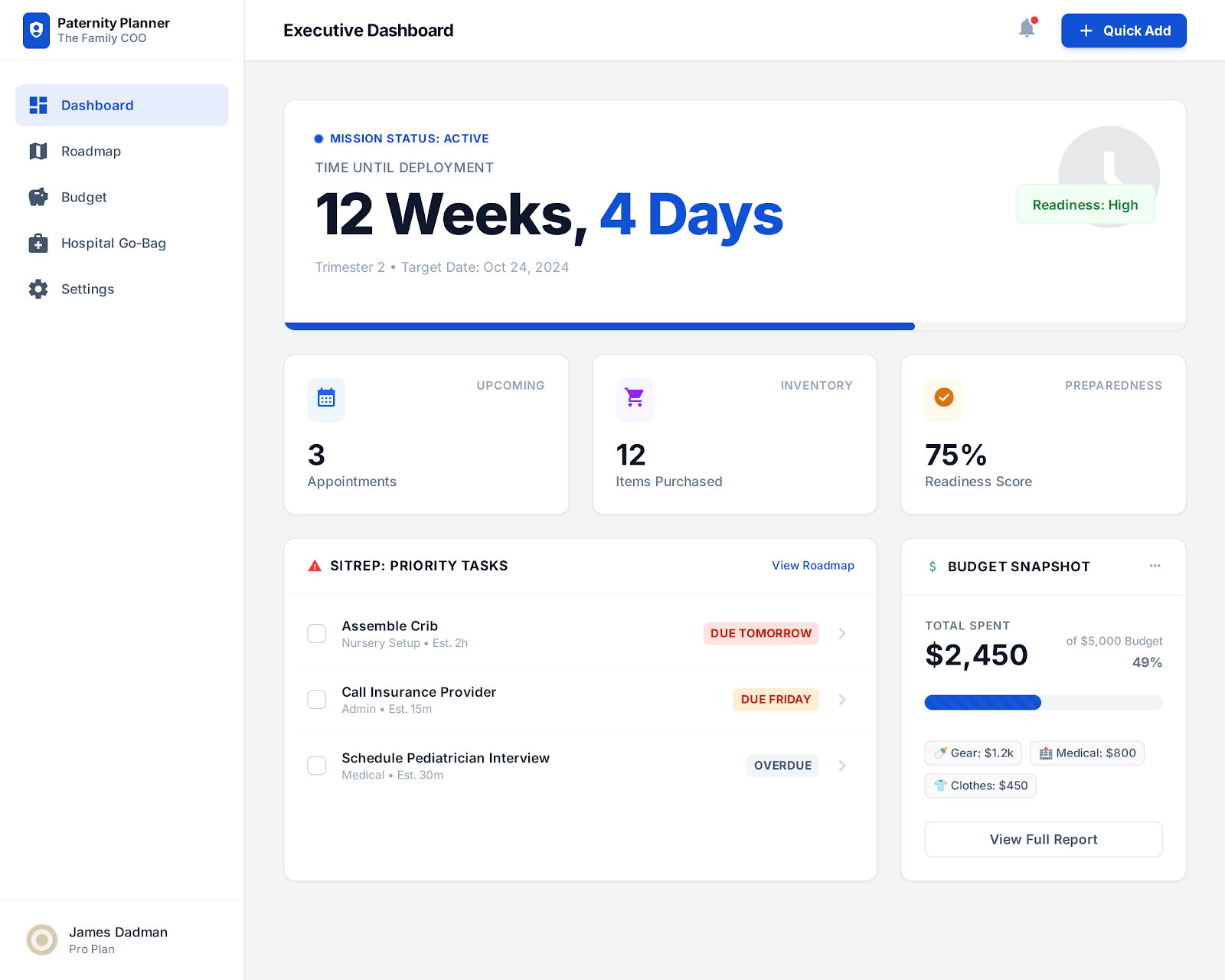 Executive Dashboard with Mission Clock, SITREP tasks, and financials